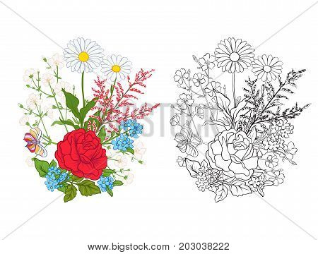 Bouquet with roses and daisies. Traditional European pattern. Stock line vector illustration. Outline hand drawing coloring page for adult coloring book with colored sample