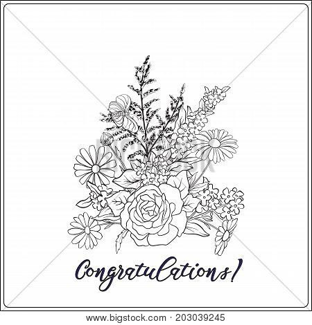 Bouquet with roses and daisies. Traditional European pattern. Stock line vector illustration. Outline hand drawing coloring page for adult coloring book.