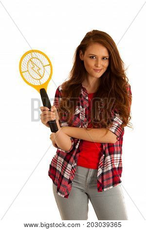 Attractive Beautiful Young Woman Holds Electroc Racket For Kiling Flys