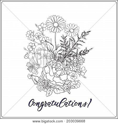 Bouquet with roses and daisies. Traditional European pattern. Stock line vector illustration. Outline hand drawing coloring page for adult coloring book.