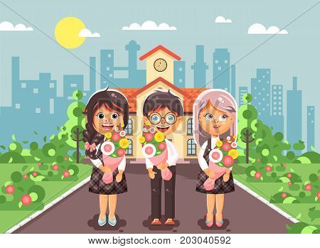 Stock vector illustration characters children two schoolgirls and boy classmates pupils students standing with bouquets flowers in front of building knowledge day start study back to school flat style.