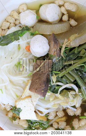 Vietnamse Noodle Soup, Served With Fresh Herbs At The Buddhist Eatery, Radish, Morning Glory, Shiita