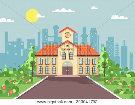 Stock vector illustration back to school architecture two-story building with porch, clock on tower, trees bushes exterior schoolyard behind structure background in flat style for video design element