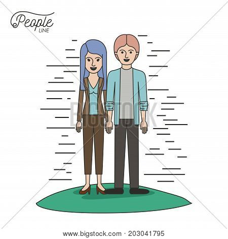 caricature couple people line young man and woman with straight long hair in casual wear standing in grass on white background vector illustration