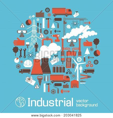 Electricity industry icons round set with windmills chimneys trucks crane working instrument flat vector illustration