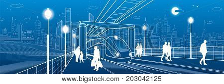 Infrastructure and transport panorama. Monorail railway. People walking under flyover. Train move. Illuminated platform. Modern night city. Towers and skyscrapers. White lines. Vector design art