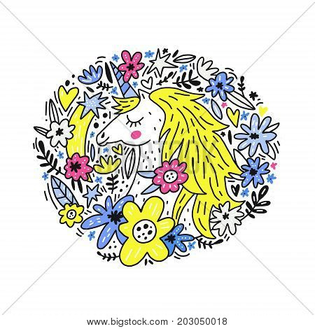 Circle concept with unicorn and flowers - cute vector illustration