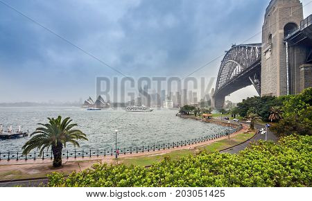 Sydney at rain with Harbor Bridge New South Wales Australia