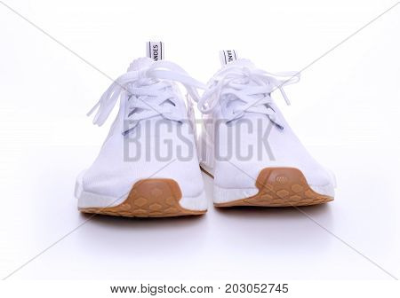 Kuala Lumpur, Malaysia - July 23, 2017: Rear view picture of a pair Adidas Original NMD R1 Gum Pack All White