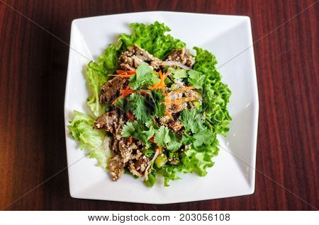 Nam Tok Spicy Beef Salad, Char-broiled tender slices of beef mixed with red onion, green onions, roasted rice, cilantro, chili powder & citrus leaves