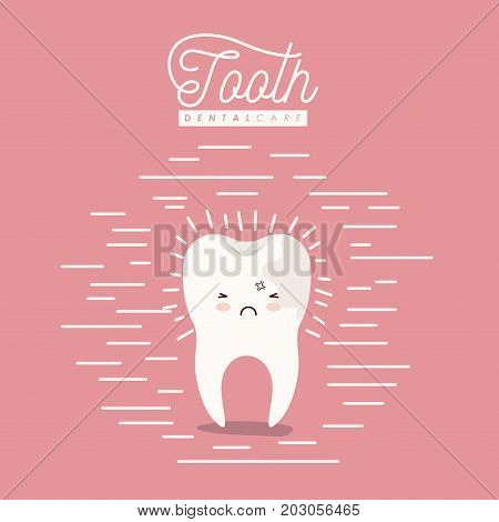 kawaii caricature caries on one side of the tooth dental care with pain expression on color poster with lines vector illustration
