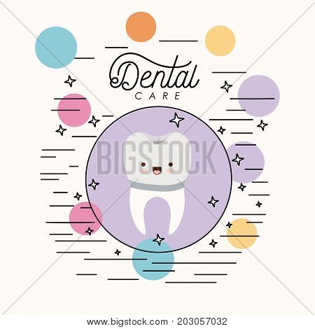 kawaii caricature implant tooth dental care with happiness expression in circular frame with colorful bubbles and star with lines on white background vector illustration