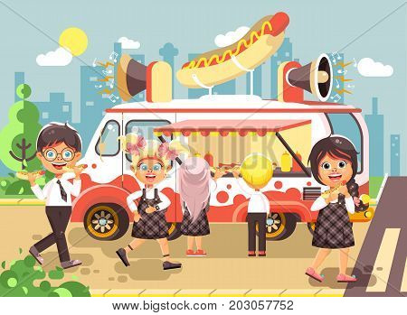 Stock vector illustration cartoon characters children, pupils, schoolboys and schoolgirls buy fast food, sandwiches, hot dogs, sausage from car, meals on wheels, street food, school snack flat style