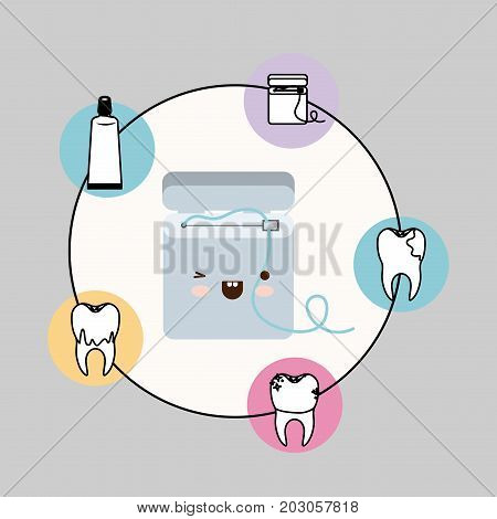 dental floss box kawaii with happiness expression with circular frame icons dental care on gray background vector illustration