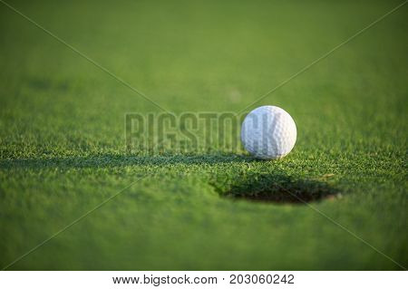 white golf ball on green field close up