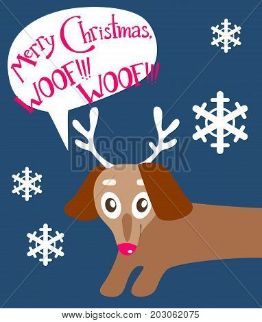 Christas vector flat card with the cute puppy. New year holiday atmosphere, winter symbol. Dog dachshund with deer Rudolph horns and red nose, felicitation in the bubble