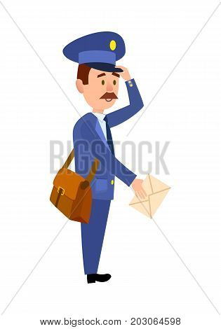 Postman cartoon character in blue uniform delivering letter flat vector illustration isolated on white background. Mailman with mailbag holding paper envelope. Mustached postal courier with mail icon