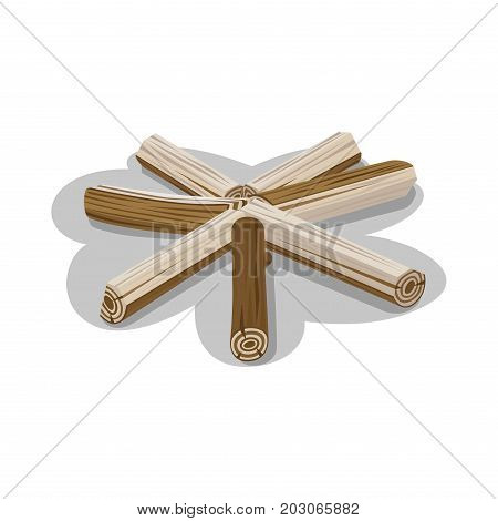 Neatly stacked logs in circle shape to make a fire. Firewood with shadow on white background. Elements to start bonfire isolated vector illustration of natural materials that can be used in campfire