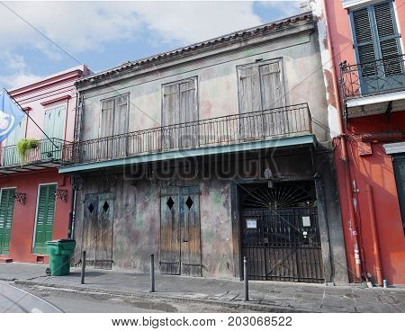 NEW ORLEANS, LOUISIANA--JANUARY 2017: Old buildings with balconies and iron railings at the French Quarter in New Orleans, Lousiana