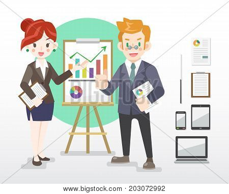 Modern flat design businessman and woman in black suit illustration with gadgets