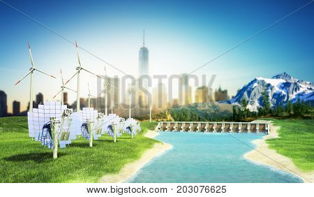 Solar Panels With Wind Turbines Against Mountanis Landscape Against Blue Sky With Clouds 3D Render