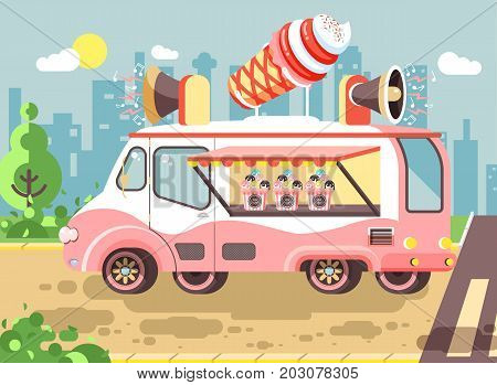 Stock vector illustration cartoon car with refrigeration unit, truck for sale and manufacture ice cream, vanilla, chocolate, popsicles, city meals on wheels, street food, sweet snack in flat style