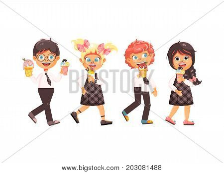 Stock vector illustration cartoon isolated characters children, pupils, schoolboys, schoolgirls eat ice cream, vanilla, chocolate, popsicles meals, sweet food, school snack flat style white background