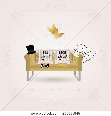 Black and golden abstract He Said Yes and She Said Yes wedding card on pink gradient background