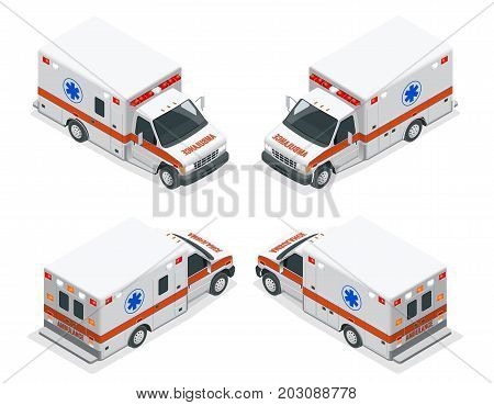 Transport isometric set Ambulance van isolated vector illustration. Emergency medical evacuation accident. Accident Ambulance Aid Service Clinic Emergency Department for Infographics, banner, web.