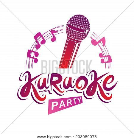 Microphone audio equipment composed with musical notes can be used as vector emblem for karaoke party advertising and nightclub discotheque invitation poster.