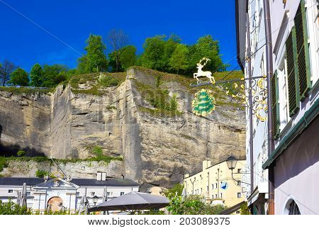 Salzburg, Austria - May 01, 2017: The Horsepond at the Herbert von Karajan Platz in Salzburg, Austria on May 01, 2017