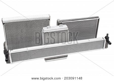 a group of different radiators: engine cooling, interior heating