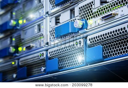 The hard drive in the computer server is close-up. Data storage is performed on media. Selective focus