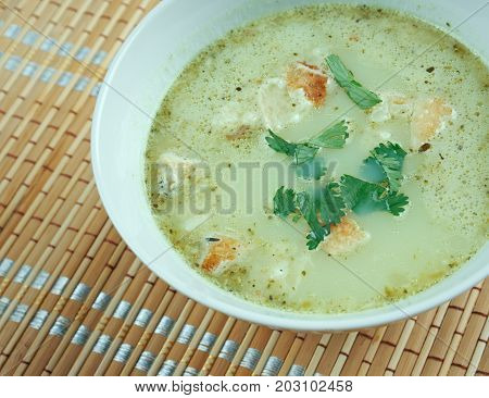 Allgauer Kasesuppe - Bavarian winter soup close up traditional meal