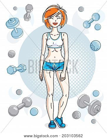Young beautiful redhead athletic woman posing on simple background with dumbbells and barbells. Vector illustration of attractive female. Active and healthy lifestyle theme cartoon.