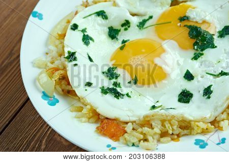 sheshryanch eggs plov. Azerbaijani cuisine dish close up traditional meal
