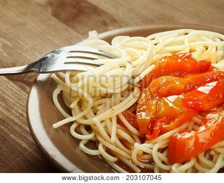 Homemade spaghetti with tomato sauce , close up meal