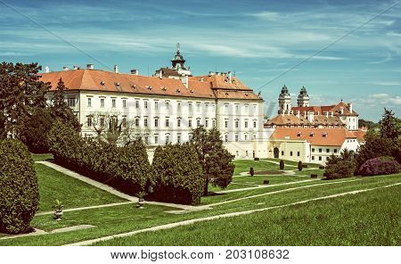Famous manor and Church of the assumption of the Mary Valtice southern Moravia Czech republic. Architectural scene. Travel destination. Beauty photo filter.