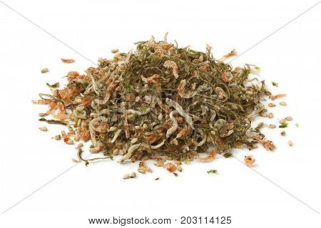 Heap of Japanese rice topping, furikake, with shrimp and small fishes on white background