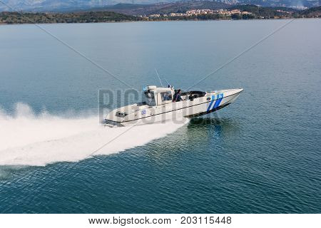IGOUMENITSA, GREECE - MARCH 3, 2017: A Greek coast guard ship on patrol near Igoumenitsa port.