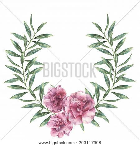 Watercolor floral border. Hand painted wreath with oleander flowers with leaves and branch isolated on white background. Botanical illustration for design, print, fabric