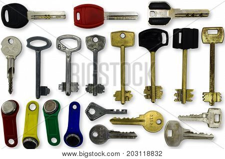 Set of many different keys isolated on white background.