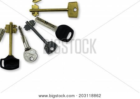 Set of many different keys isolated on white background.