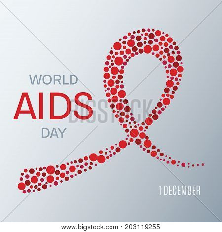World AIDS day awareness poster. Symbol of acquired immune deficiency syndrome. Red ribbon made of dots on white background. Medical concept. Vector illustration.