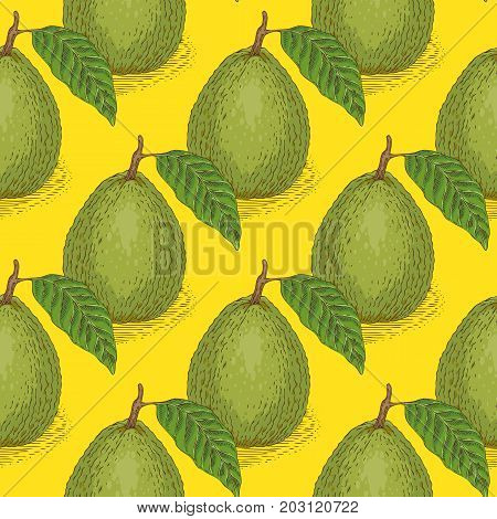Seamless Vector Pattern with Ripe Guava with Green Leaves on a Yellow Background