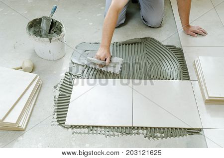 A tiler is putting tiles adhesive to the wall with the notched trowel.