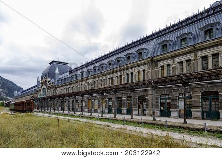Canfranc Spain - August 30 2017: Abandoned railway station of Canfranc Huesca Spain