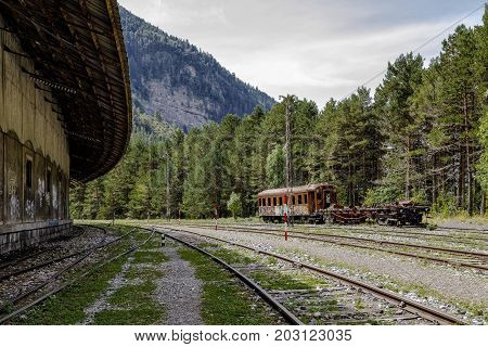 Canfranc Spain - August 30 2017: Abandoned railway station of Canfranc Huesca Spain