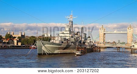 London, UK-AUGUST 10, 2017: HMS Belfast is a museum ship, originally a light cruiser built for the Royal Navy, currently permanently moored on the River Thames in London, England.
