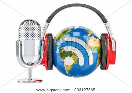 Headphones on the Earth globe and mic with RSS logo podcast 3D rendering